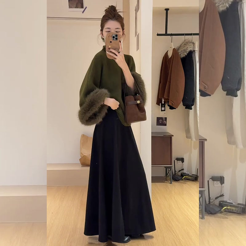 慵懒风毛绒绿色针织上衣女2026春季高级感半高领毛衣半身裙一整套,淘宝优惠券,粉丝福利购,淘宝优惠卷