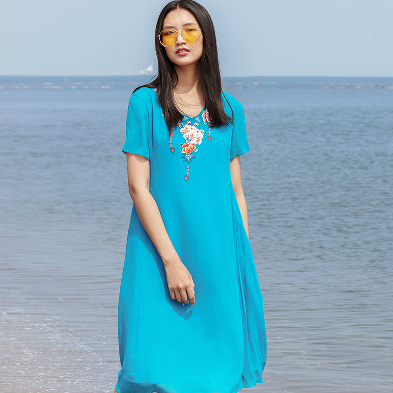 五色风马|山涵民族风夏季新品长裙 五色风马服饰连衣裙