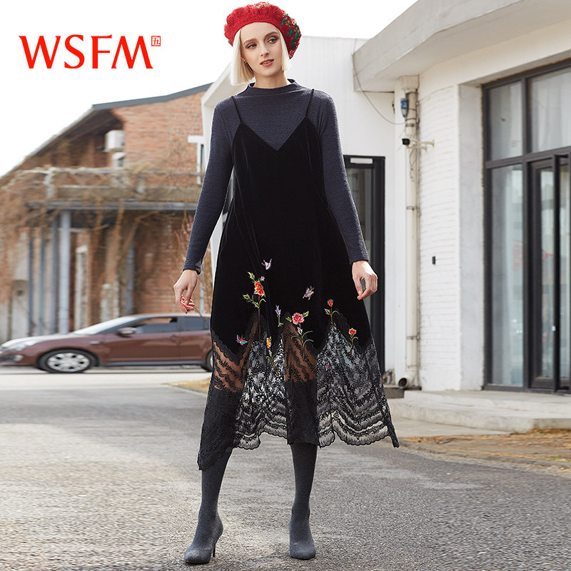 五色风马民族风秋季新品拼接连衣裙 五色风马服饰连衣裙