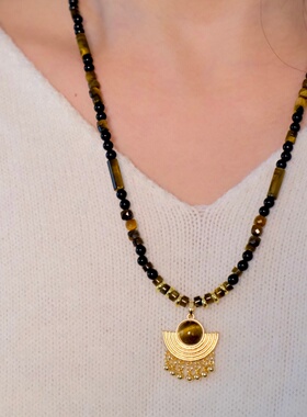 《吟游诗人》原创小众美拉德民族风复古虎眼石串珠流苏项链毛衣链