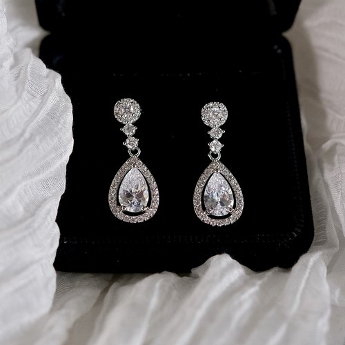 《加冕时刻》精致复古优雅爆闪锆石高级感银色水滴耳钉耳夹耳环女 - 图0