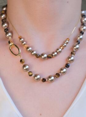 秋冬叠戴虎眼石摩卡金棕珍珠项链