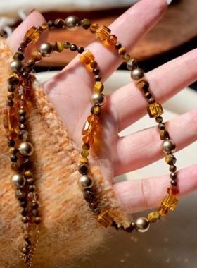 《黄昏告白》秋冬复古美拉德虎眼石金棕珍珠叠戴项链长项链毛衣链