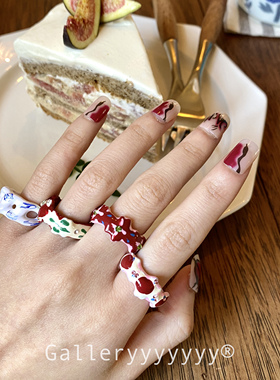 gallery彩绘花卉涂鸦小众抽象戒指