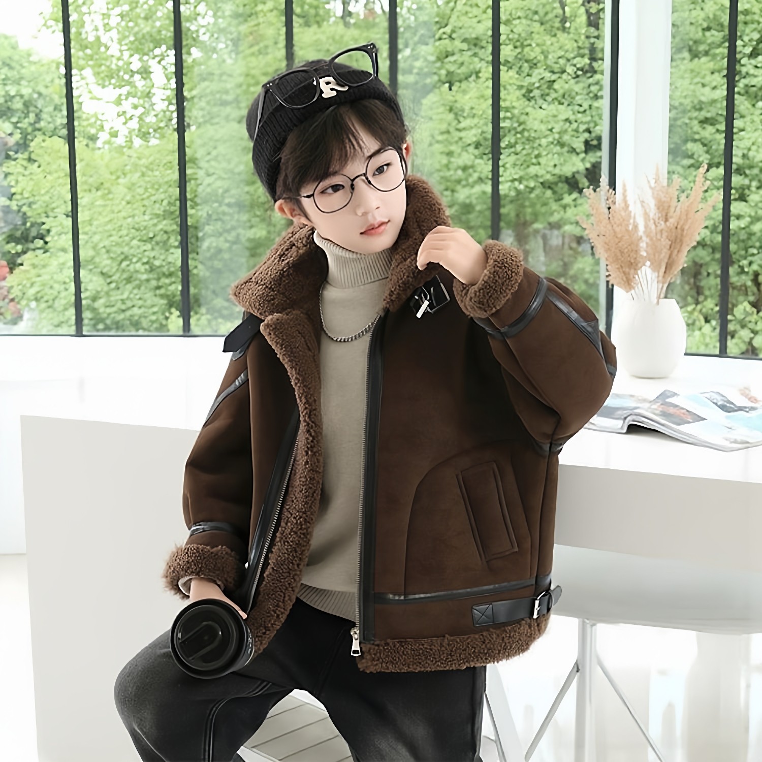 儿童鹿皮绒外套秋冬韩版洋气中大童男宝宝加厚保暖皮毛一体机车服,淘宝优惠券,粉丝福利购,淘宝优惠卷