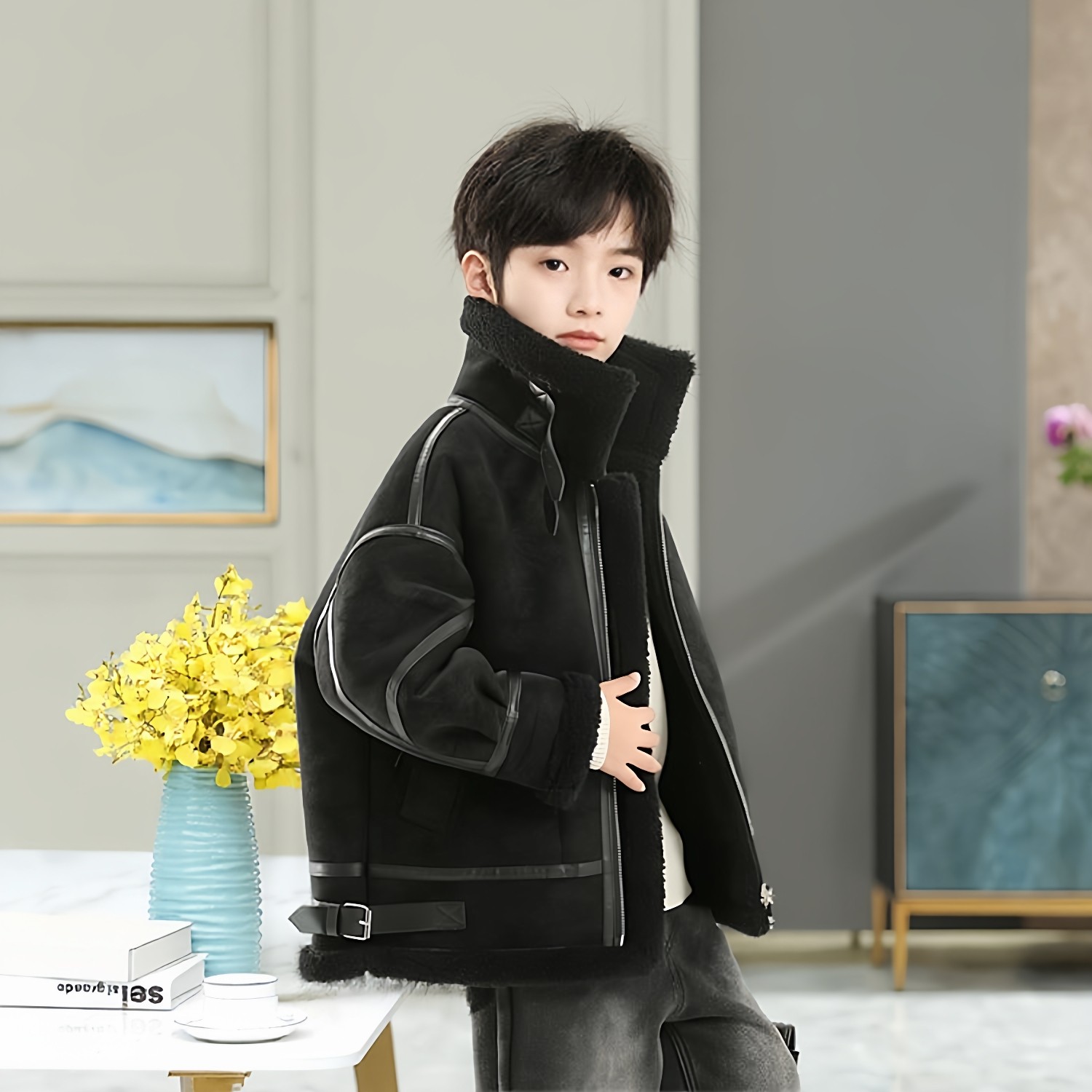 儿童鹿皮绒外套秋冬韩版洋气中大童男宝宝加厚保暖皮毛一体机车服,淘宝优惠券,粉丝福利购,淘宝优惠卷