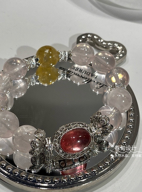 天然粉水晶手链女款单圈莫粉金锂云母粉锂云母手串送女友闺蜜礼物