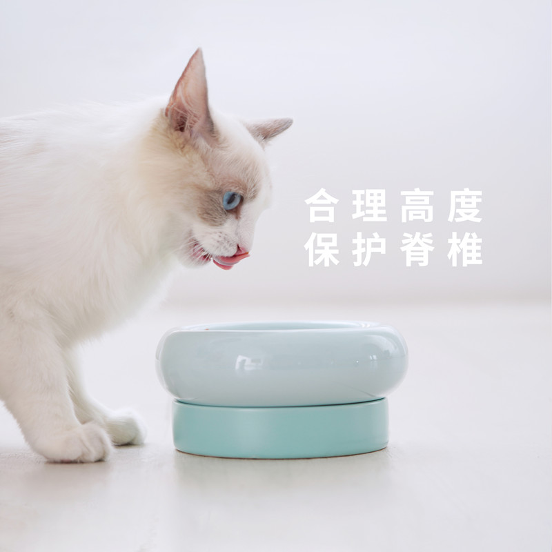 麻薯一碗两用贪吃猫碗陶瓷猫食盆保护脊椎猫碗套装带架子防打翻-图1