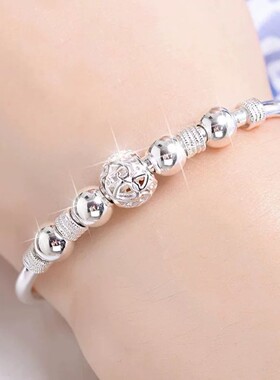 新款转运珠纯银手镯女灯笼推拉款时尚镯子情人节送女友生日之礼物