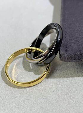 新款三环三色纯银镀18K玫瑰金戒指黑银对戒三圈指环轻奢高级男女
