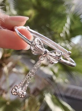 在逃公主纯银手镯9999双环实心足银蝴蝶结铃铛正品手环送女友闺蜜