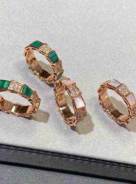 宝家纯银镀18K玫瑰金戒指蛇骨镶钻对戒贝母指环窄版宽版轻奢ins风