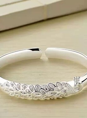 孔雀纯银手镯女万足9999实心银镯子花丝银饰银手环送妈妈女友礼物