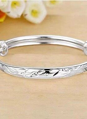 9999纯银龙凤呈祥手镯女士民族风光面实心足银镯子送妈妈婆婆奶奶