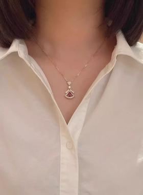 B家小裙子纯银镀18k金项链轻奢气质红宝石扇形锁骨链扇子耳环耳钉