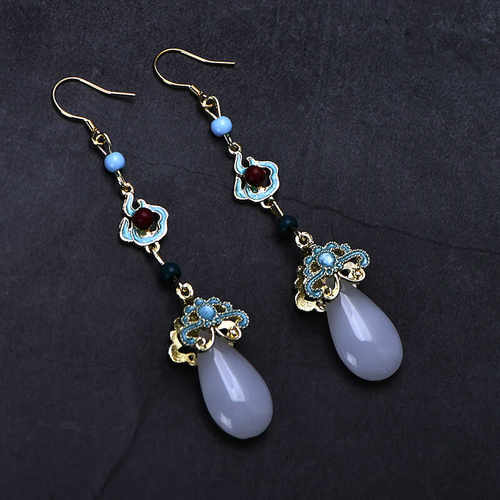 显脸瘦耳环复古原创新中式点翠长款耳坠女气质国潮999纯银耳钩仙 - 图0