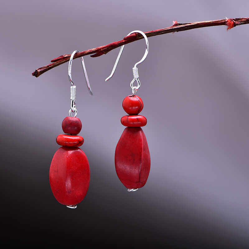 本命年红色仿绿松石纯银耳环随形民族风复古中性耳坠饰品防过敏潮,淘宝优惠券,粉丝福利购,淘宝优惠卷