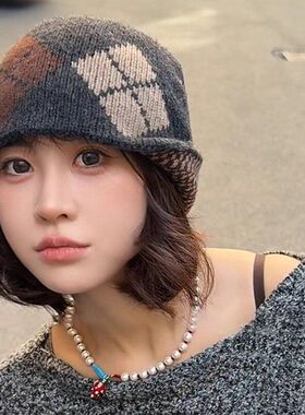 韩系ins菱形拼色针织包头帽子女秋冬保暖毛线帽百搭时尚护耳冷帽