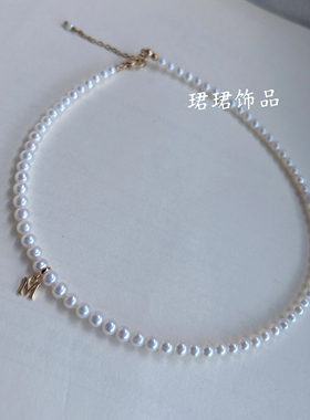 新品天然珍珠项链女锁骨链近圆强光小米珠百搭4.5-5mm经典款M字母