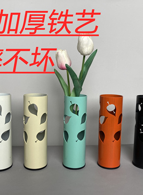 艺术感镂空圆筒创意超厚铁艺花瓶餐桌摆件客厅电视柜干花装饰花瓶