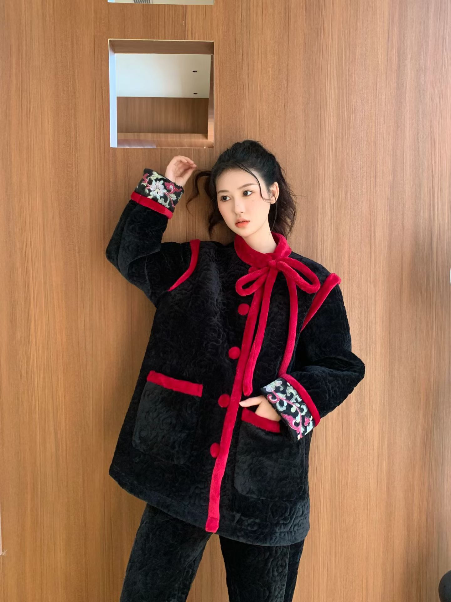 原艾慕优招财进宝冬季加厚可外穿三层夹棉加绒加厚可外穿睡衣套装 - 图1