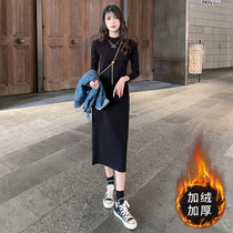 Black beating undercoat dress woman autumn winter fit large coat with long sleeve plus suede thickened with slim temperament long skirt