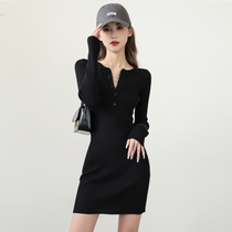 Black sashimi knit one-piece dress woman autumn winter display slim fit inside lap sweaters dress tight and sexy hot girl bag hip dress