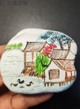 石头画国画风格手工制作创意荷花展柜装饰手作收藏艺术国点石成金