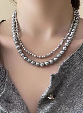 单身即地狱4李时安同款银灰色珍珠项链女法式轻奢高级感锁骨链颈