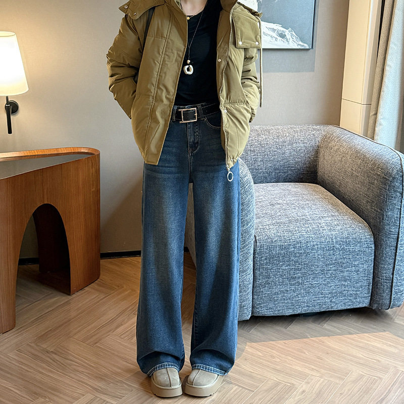 轧戏胡羞卢昱晓同款阔腿牛仔裤女冬季新款加厚磨毛高腰宽松直筒裤,淘宝优惠券,粉丝福利购,淘宝优惠卷