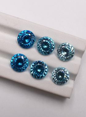 高精切鸟巢切海蓝宝石裸石圆形深海兰锆石多版切圆形戒指戒面配石