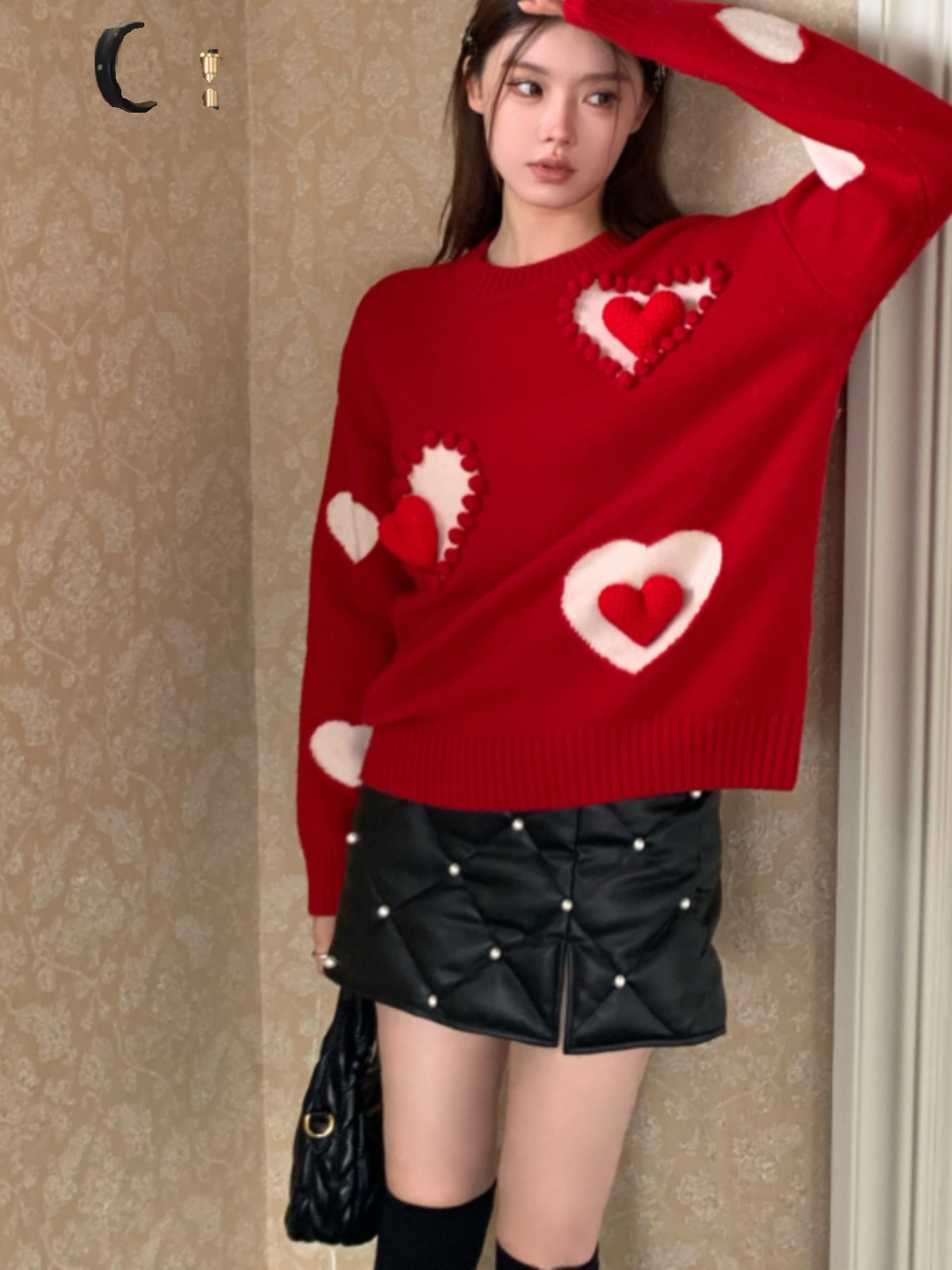 Aimme Sparrow 授权 时尚套装女新年红立体爱心针织毛衣半裙 - 图0