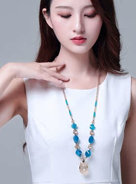 天然蓝玛瑙水晶吊坠毛衣链子长款项链女搭配衣服挂饰挂件2025新款
