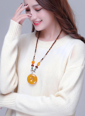 鸿澜玛瑙毛衣链女玉髓平安扣吊坠