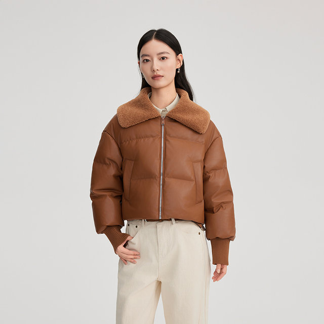 Alai's new down jacket, short imitation lamb fur collar