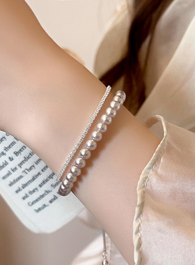 双层叠戴珍珠锆石手链女轻奢小众精致串珠闺蜜手串2025年新款手饰