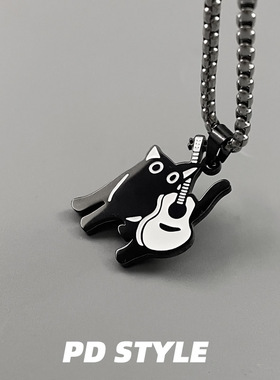 PDSTYLE 潮酷背吉他黑色小猫项链男女生个性礼物不掉色毛衣链吊坠