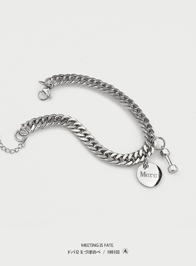 PD STYLE 钛钢宽版古巴哑铃圆牌手链ins小众设计不掉色手镯男女潮