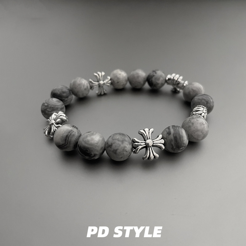 PDSTYLE 复古风高级灰十字架天然石手串男女生嘻哈情侣高级感手链,淘宝优惠券,粉丝福利购,淘宝优惠卷