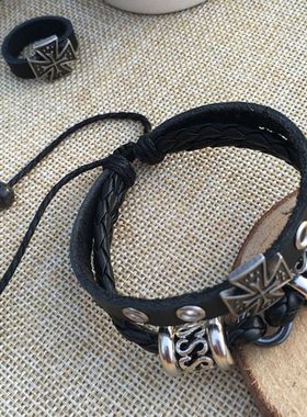 哥特风十字真牛皮手链套装男士另类朋克风摇滚夜店皮质手饰品