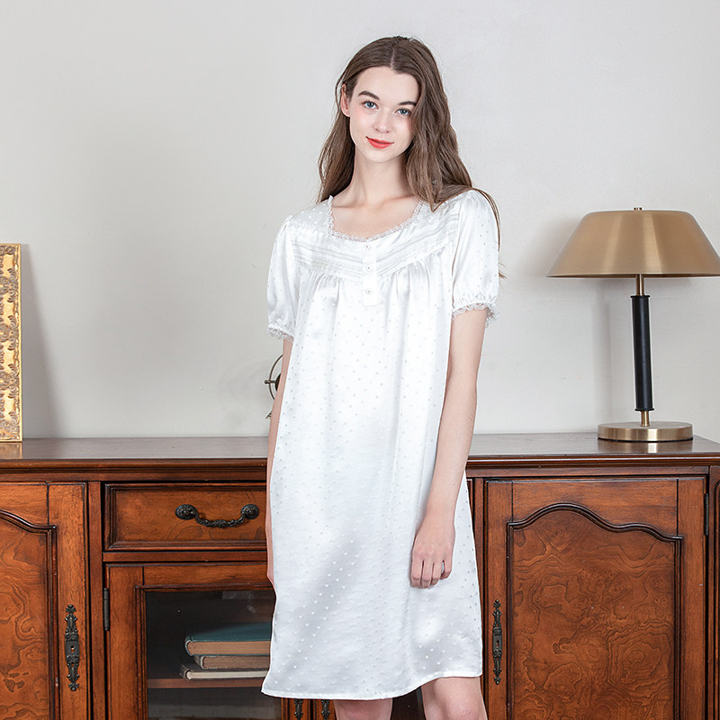 美标新款短袖100%桑蚕丝白色睡裙 美标服饰睡裙