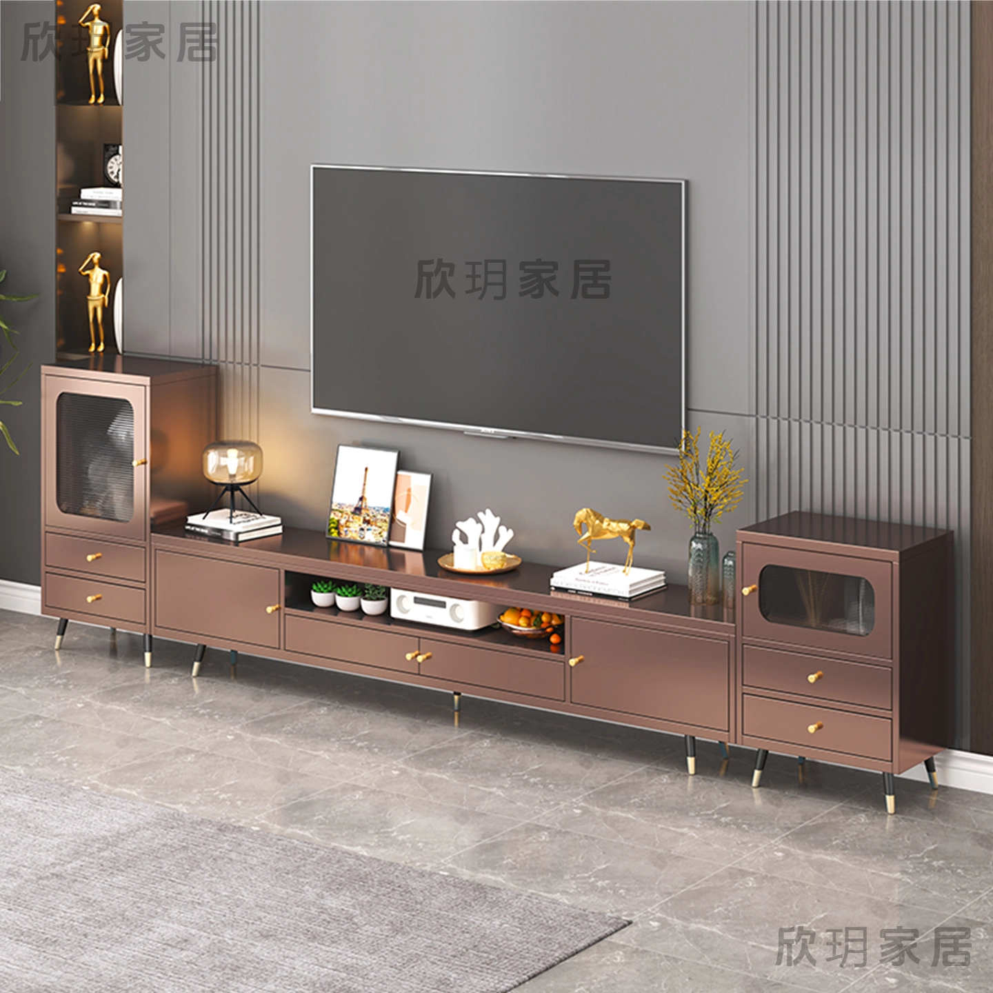 定制不锈钢电视柜客厅2025新款卧室落地高脚电视柜收纳储物柜一体 - 图1