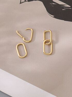 s925纯银几何椭圆耳扣女简约小众设计金色高级感耳环ins潮冷淡风