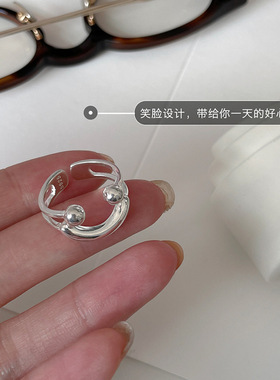 韩版笑脸银戒指女ins小众设计轻奢高级感双层食指戒指环2025年款