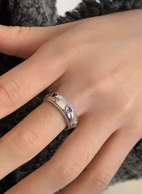 粉色水晶银戒指女小众设计彩虹锆石细甜酷风时尚辣妹爱心石指环