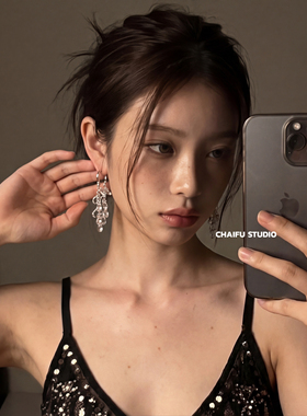 透明水滴流苏前后叠戴耳钉耳环