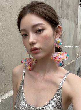 多巴胺彩点网纱花苞耳饰耳钉
