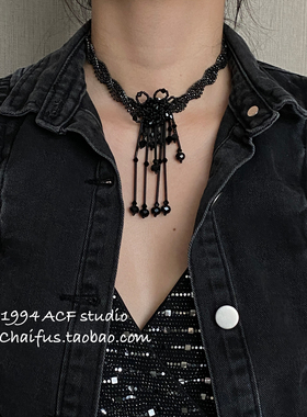 哥特风复古黑色水晶串珠项链