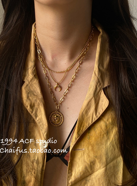 欧美个性狮子头叠戴层次感项链