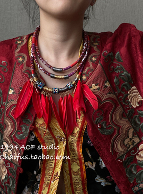 狂野祭祀风多层编绳羽毛项链套装